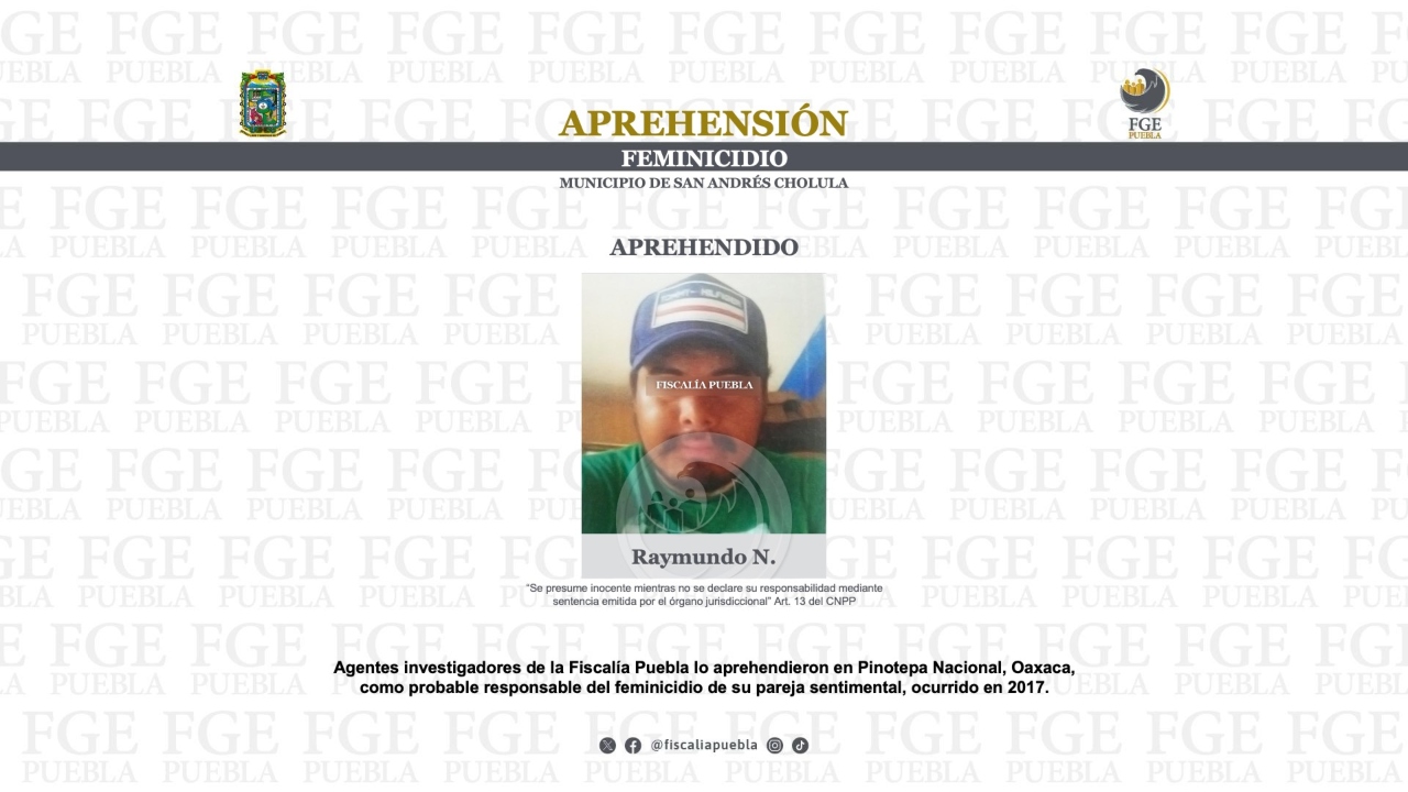 Atrapan a presunto feminicida de joven en Cholula, en 2017