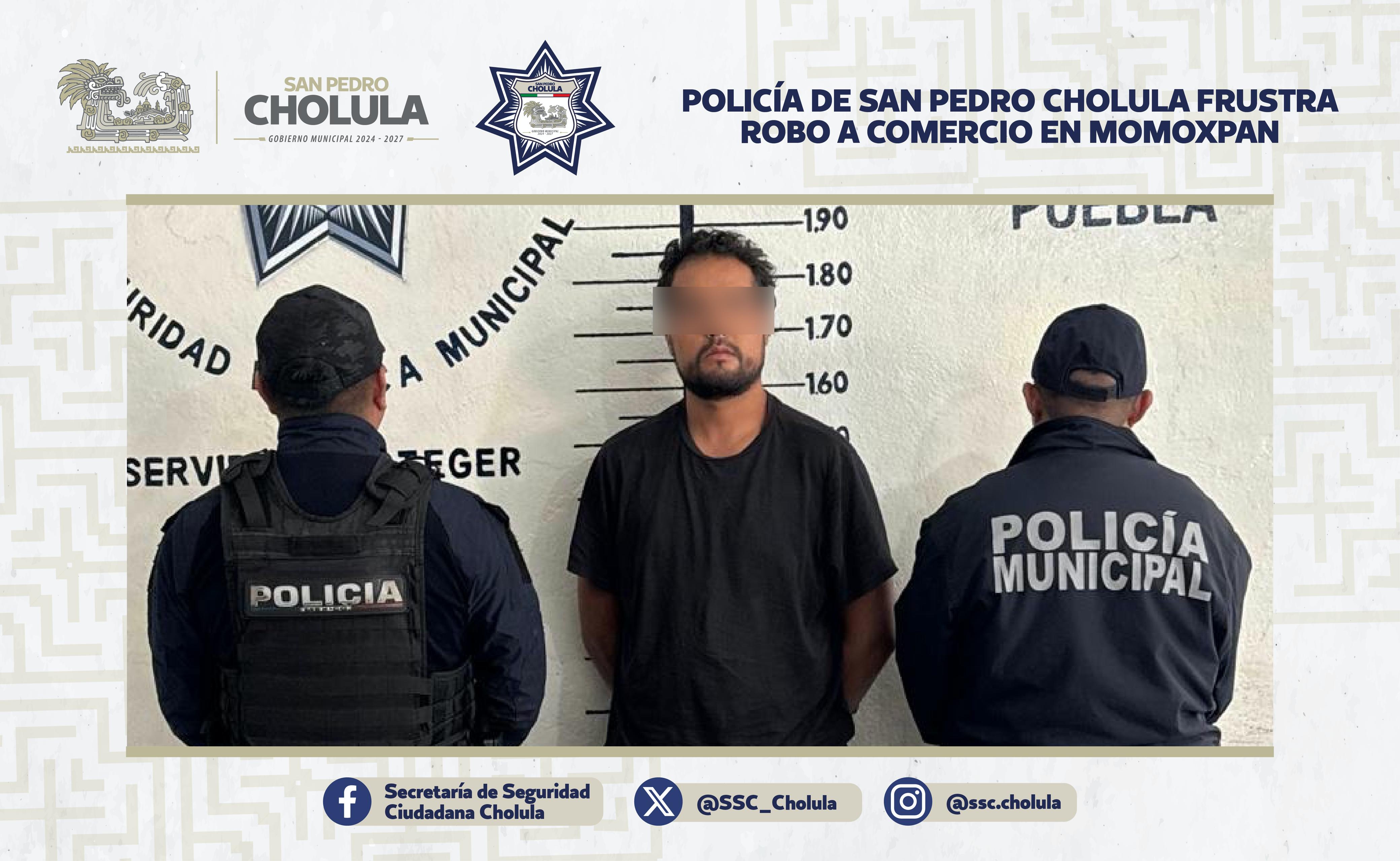 Policía de San Pedro Cholula frustra robo y detiene a presunto ladrón