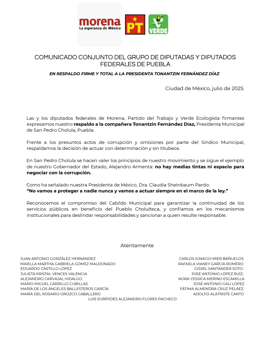 Diputados federales respaldan política anticorrupción de Tonantzin Fernández en San Pedro Cholula