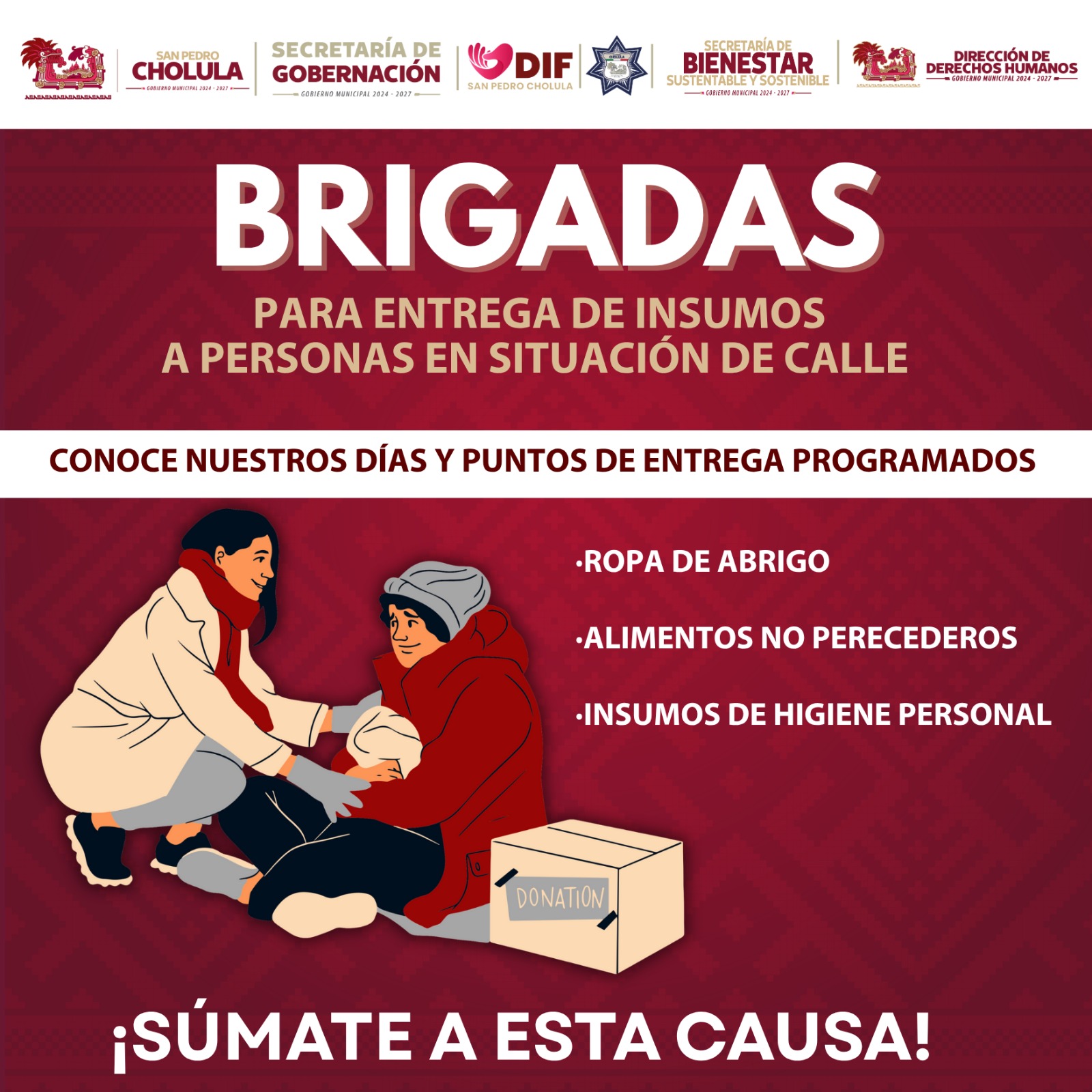 Lanza Cholula campaña de acopio para personas vulnerables