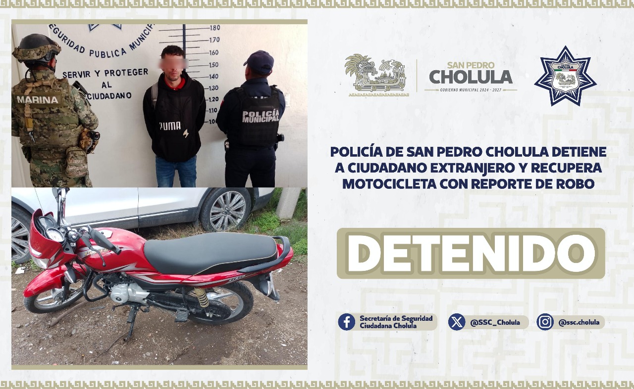 Detienen en Cholula a extranjero con moto robada