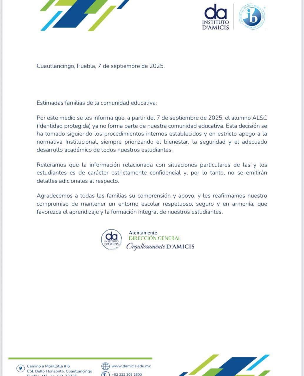 Instituto D’Amicis da de baja a alumno vinculado al caso de Natalia Andrade