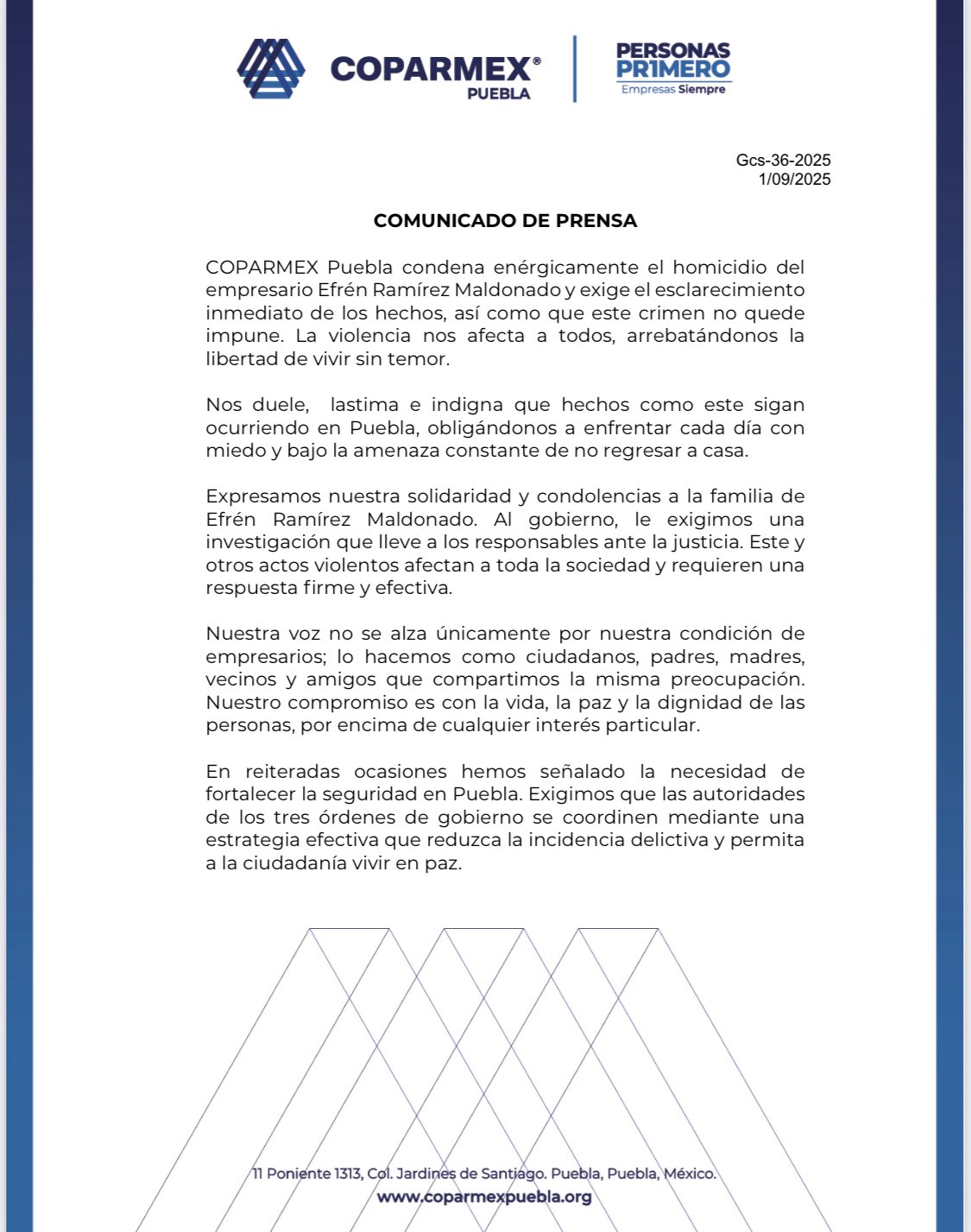 Gobierno del Estado y sector empresarial exigen esclarecer asesinato del empresario Efrén Ramírez en Puebla