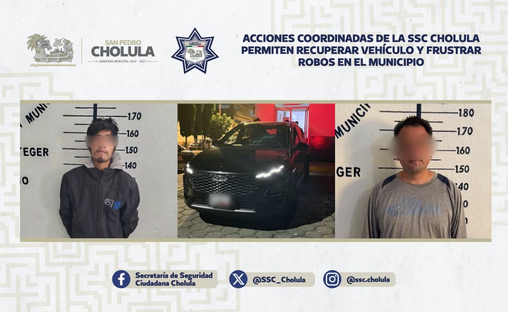 SSC Cholula recupera vehículo robado y detiene a dos presuntos responsables en hechos distintos