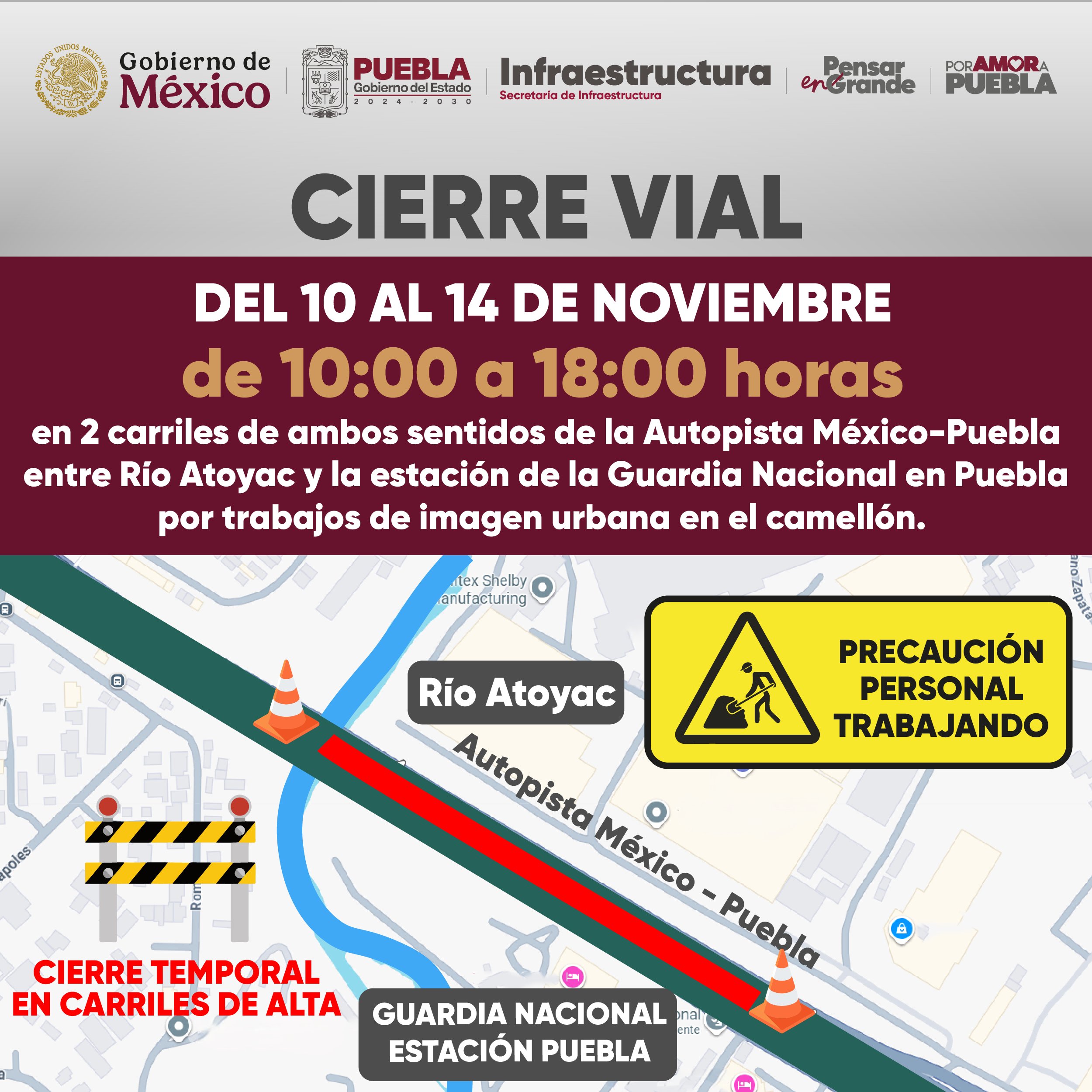 Cierre parcial en la autopista México-Puebla por trabajos de imagen urbana