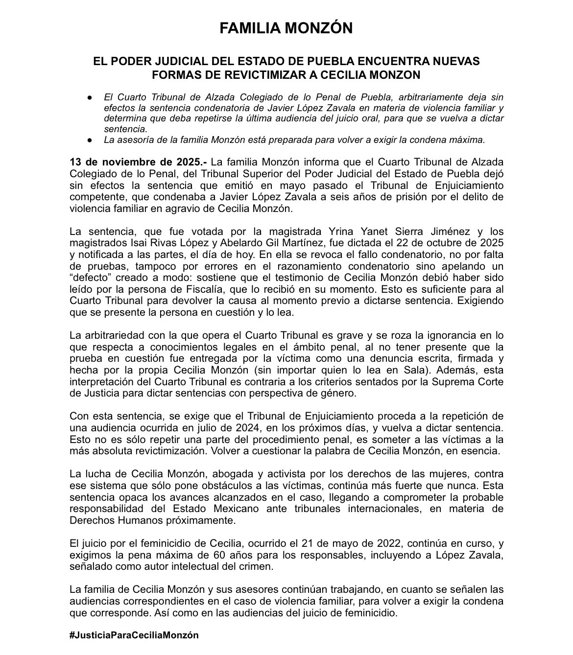 Familia Monzón acusa revictimización tras revocación de sentencia contra Javier López Zavala