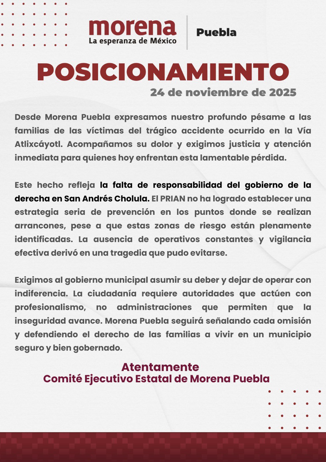 Morena Puebla responsabiliza a gobierno de San Andrés por accidente en la Vía Atlixcáyotl; usuarios en red señalan que la vía es estatal