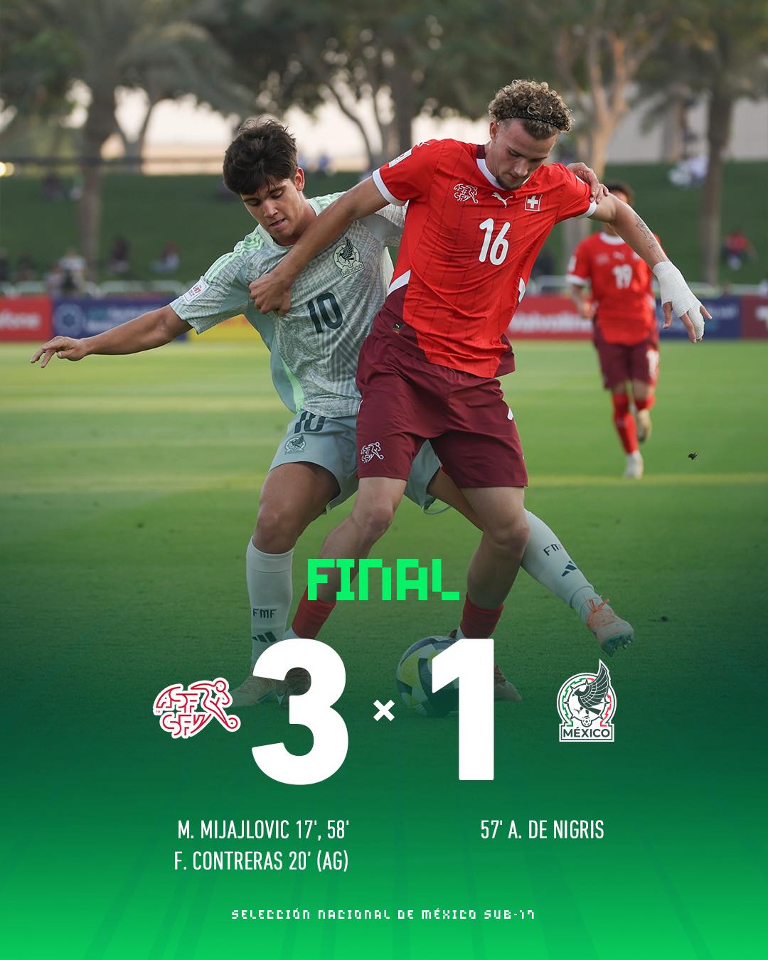 México cae 3-1 ante Suiza y depende de otros resultados para avanzar en el Mundial Sub-17