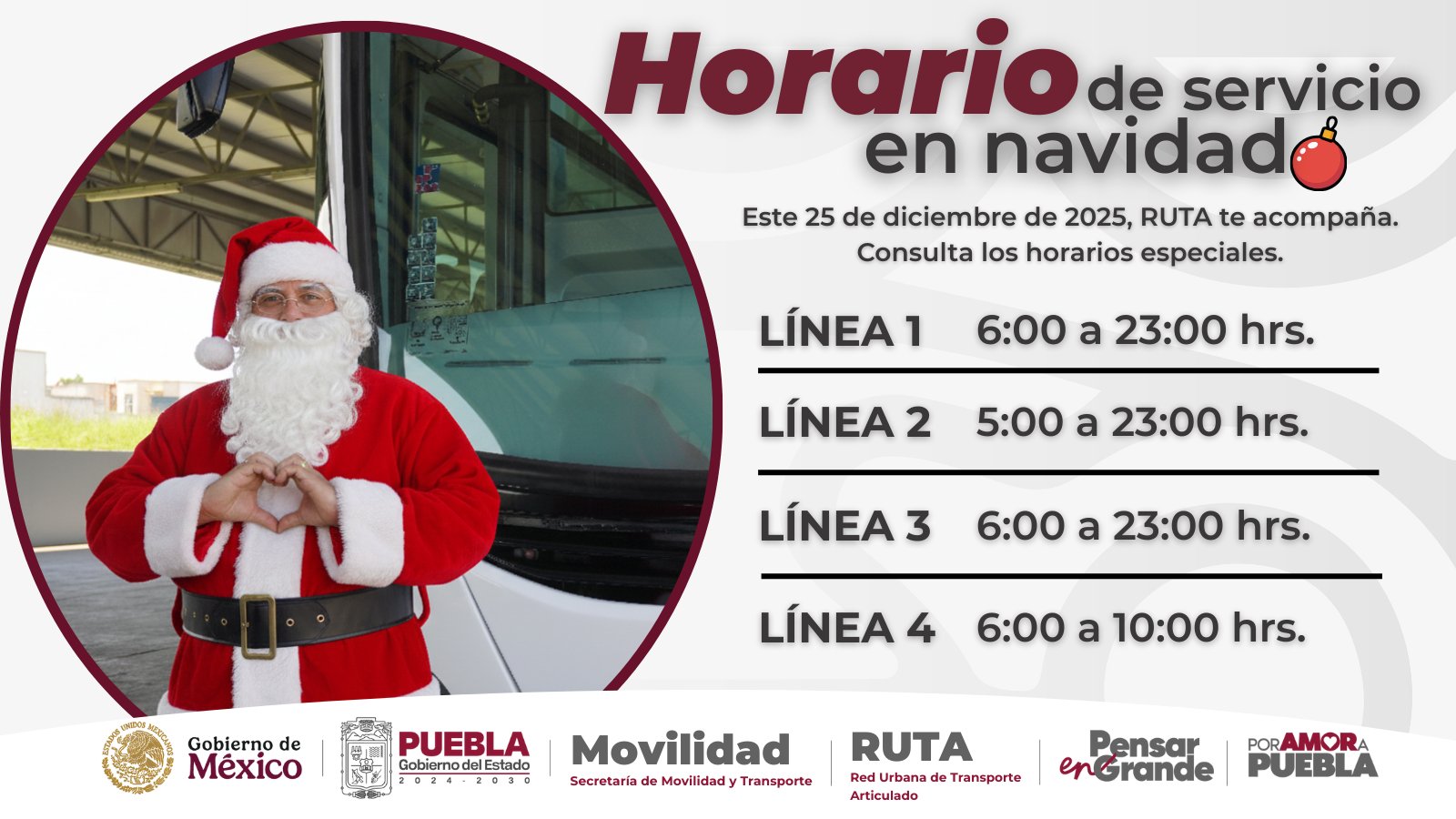 RUTA operará con horario especial este 25 de diciembre en Puebla