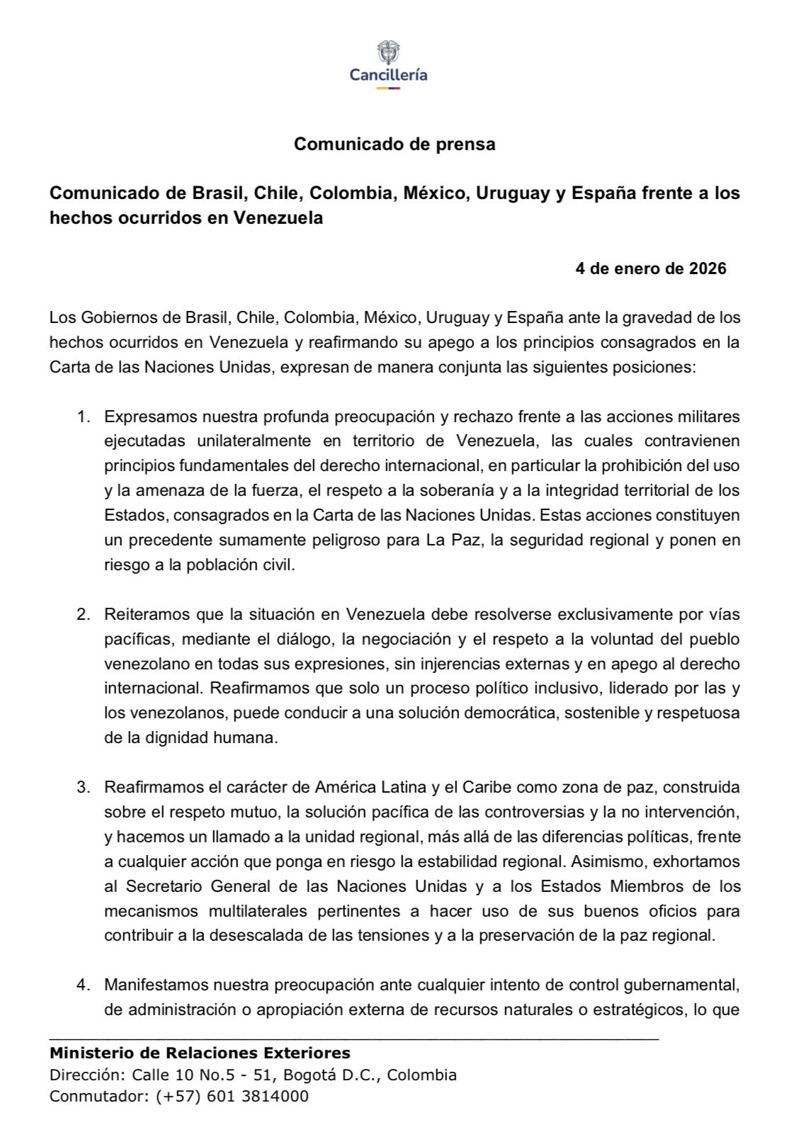 Seis países, incluido México, rechazan acciones militares en Venezuela y llaman a una salida pacífica