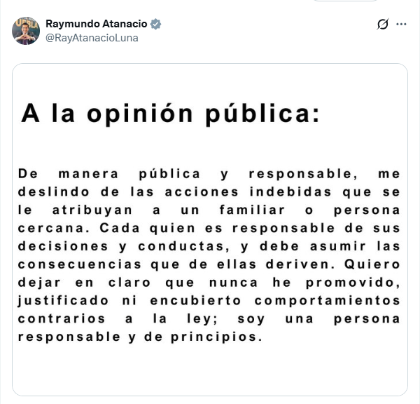 Atanacio Luna se desmarca de vínculos familiares tras detención de mandos de la SSC