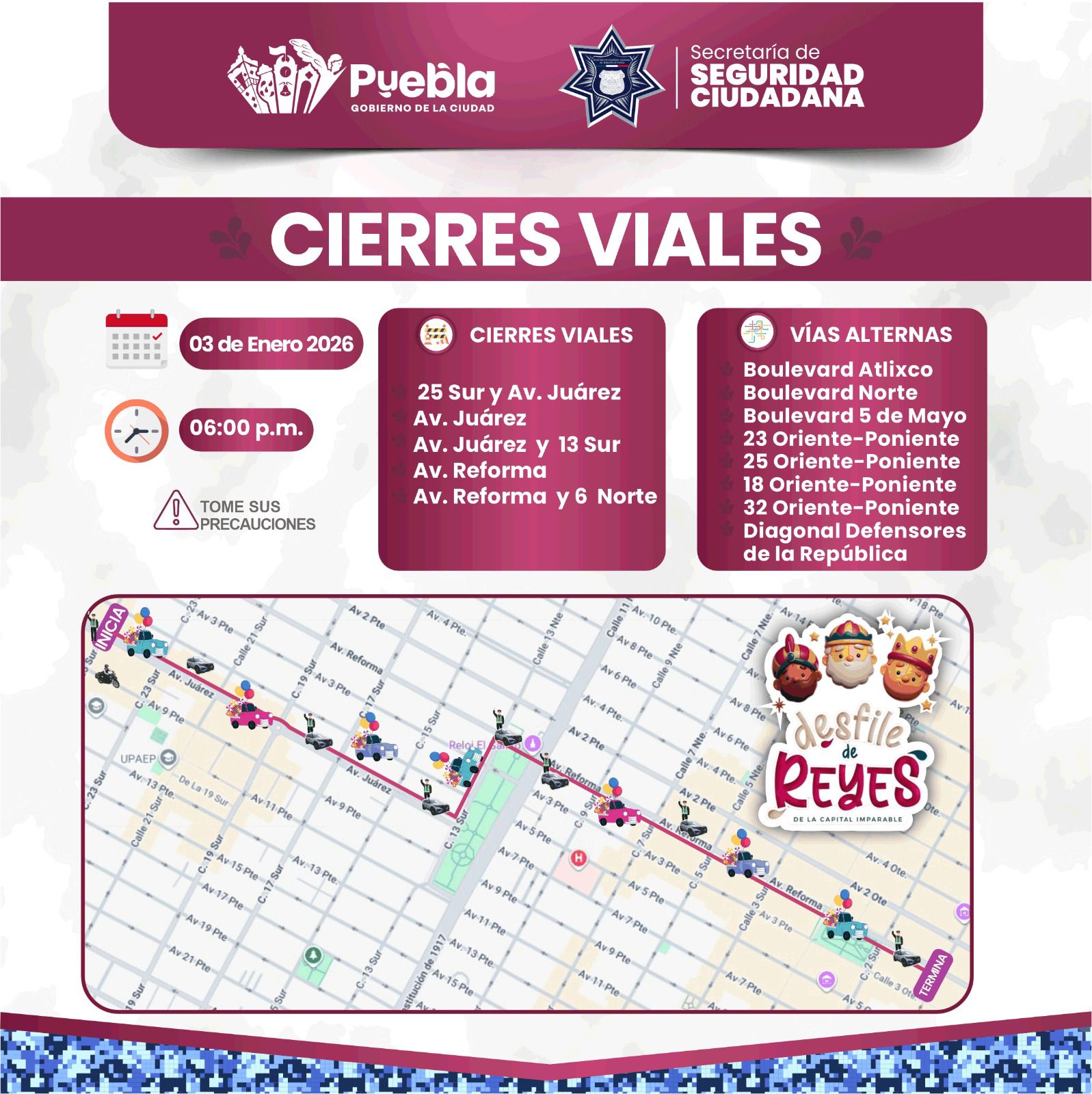 Anuncian cierres viales en Puebla por Desfile de Reyes 2026 este sábado