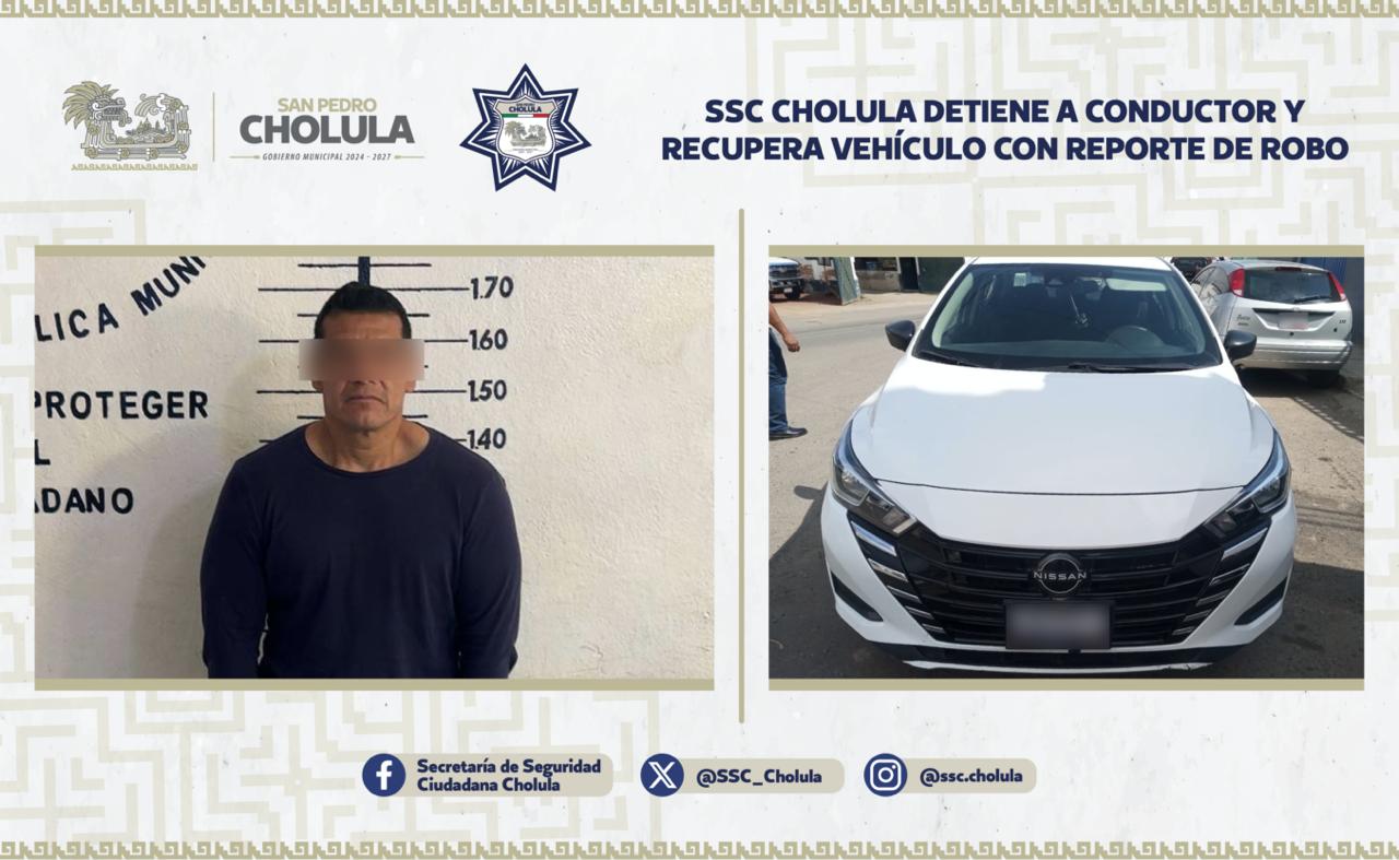SSC Cholula recupera auto robado y detiene a conductor en San Juan Calvario