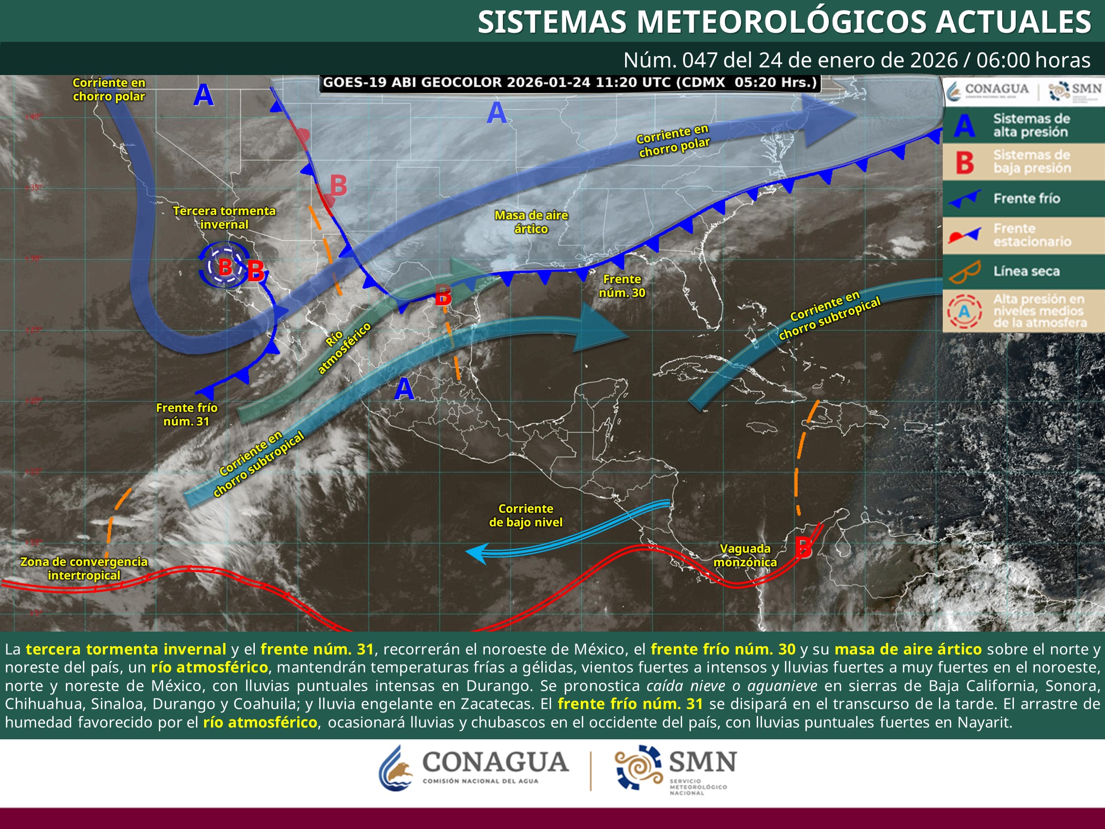 Pronóstico extendido por tercera tormenta invernal y frente frío 30 en México