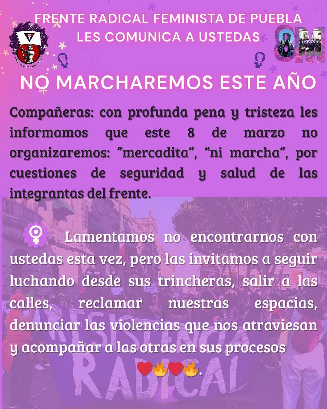 Frente Radical Feminista cancela su participación en el 8M en Puebla