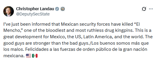 Estados Unidos celebra caída de \"El Mencho\" y emite alerta de seguridad para ciudadanos en México