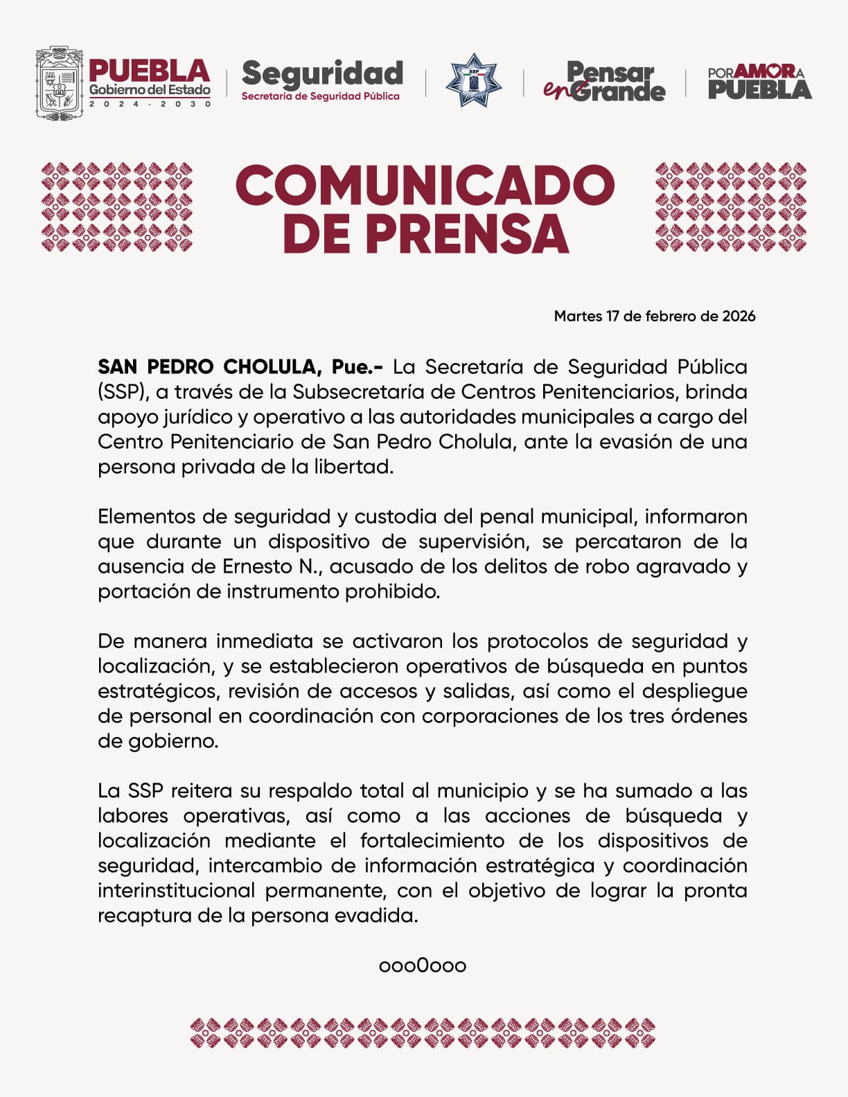 Activan operativo de búsqueda tras fuga de interno del penal de San Pedro Cholula