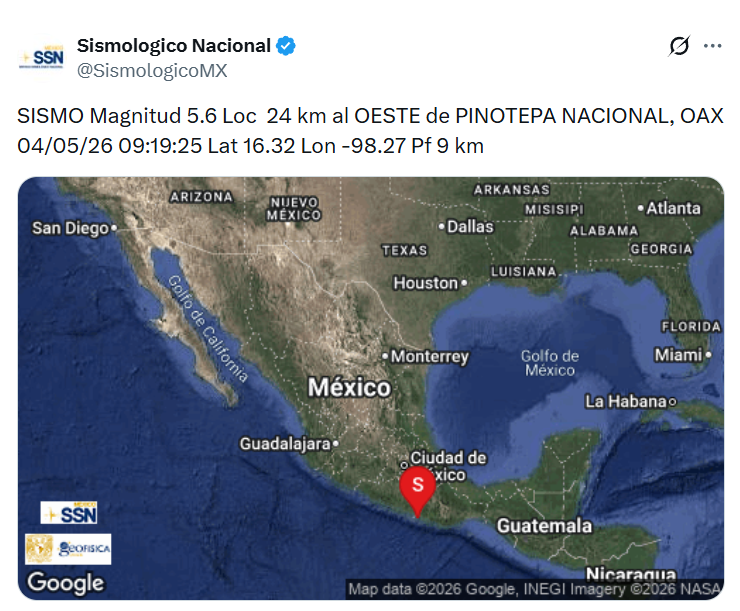 Sismo de magnitud 5.6 en Oaxaca activa alerta sísmica en Puebla; descartan daños