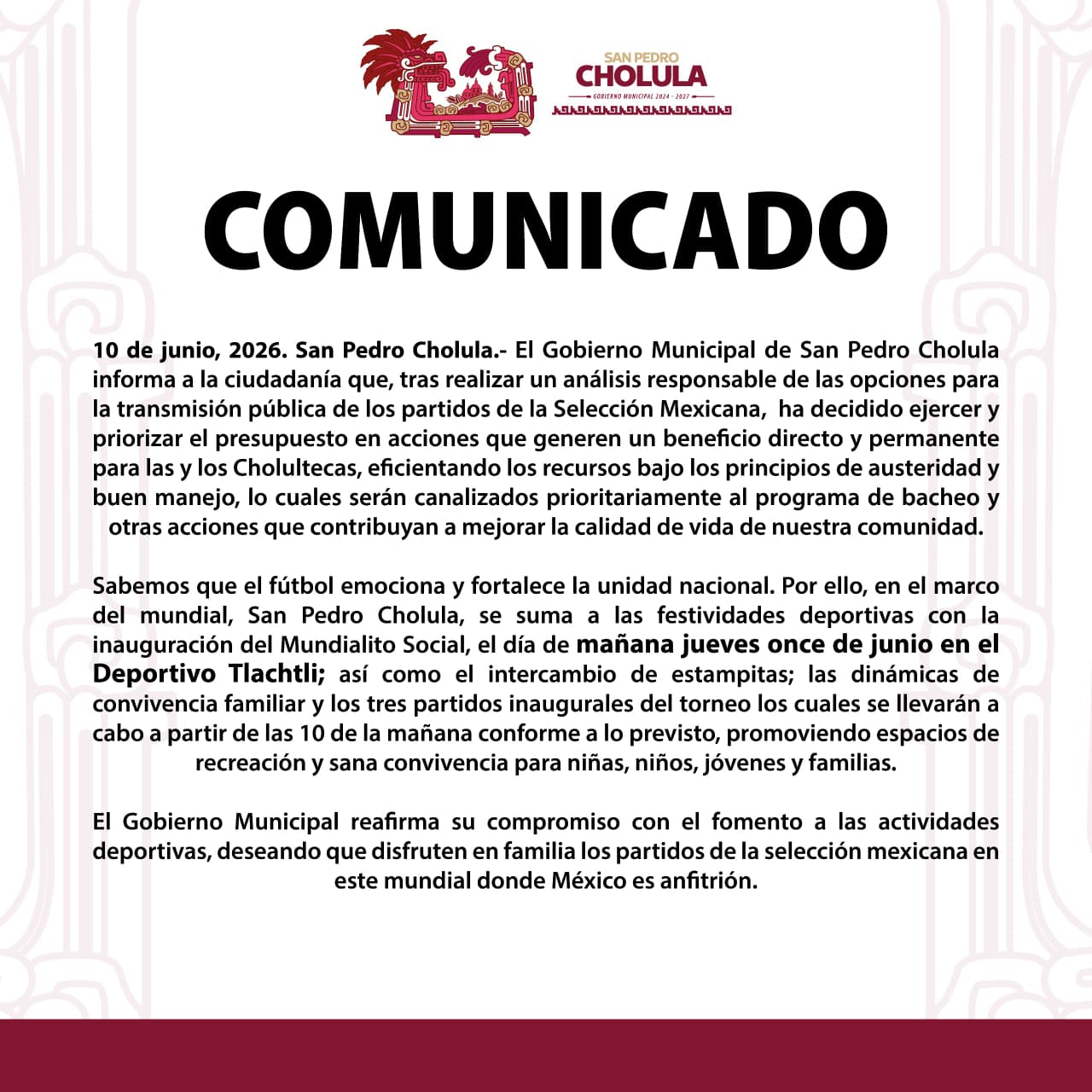 San Pedro Cholula cancela transmisiones del Mundial; destinará recursos a bacheo